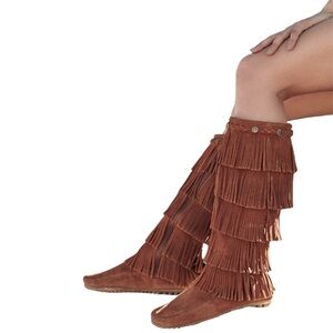 Minnetonka Five Layer Fringe Brown Suede Leather Moccasin Boots w/Antiqued Studs